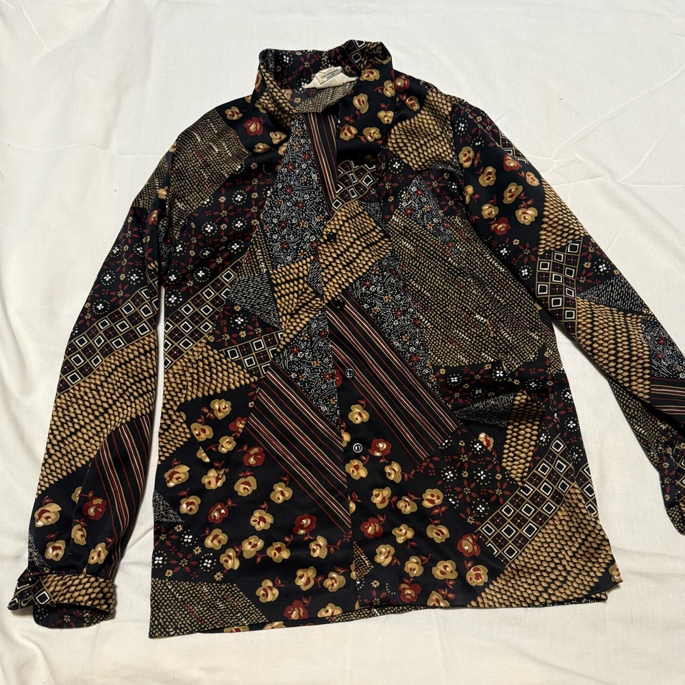 Vintage 70s Patchwork Print Button Front Shirt Fl… - image 1